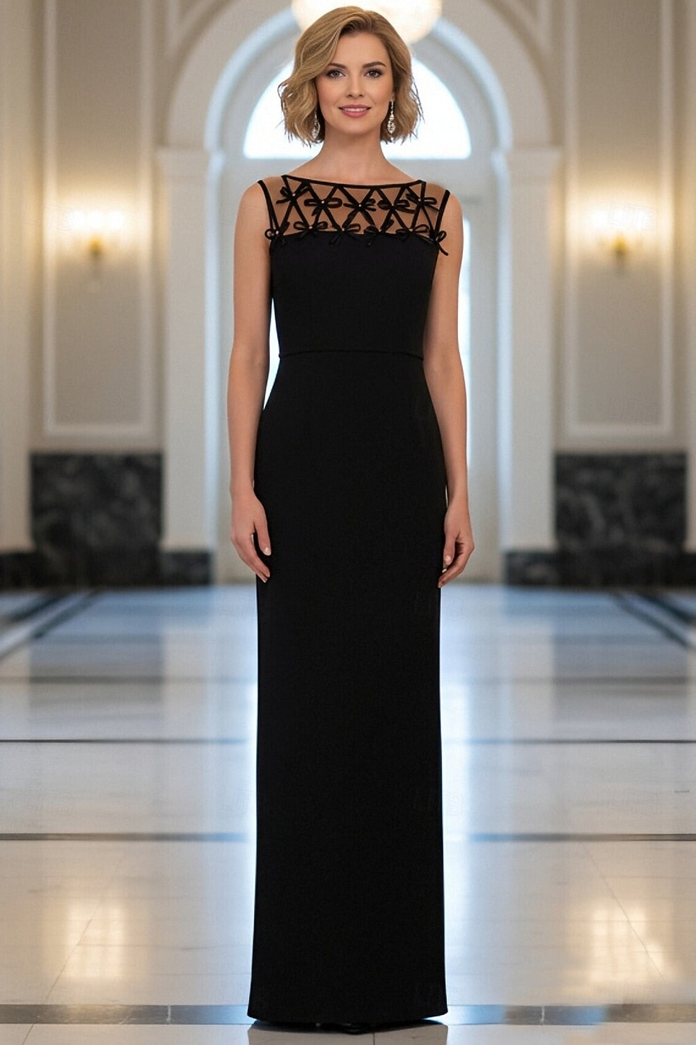 Black Sheer Bow Sleeveless Mermaid Floor-Length Evening Dress