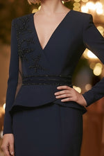 Elegant V-Neck Long Sleeve Mermaid Applique Formal Evening Dress