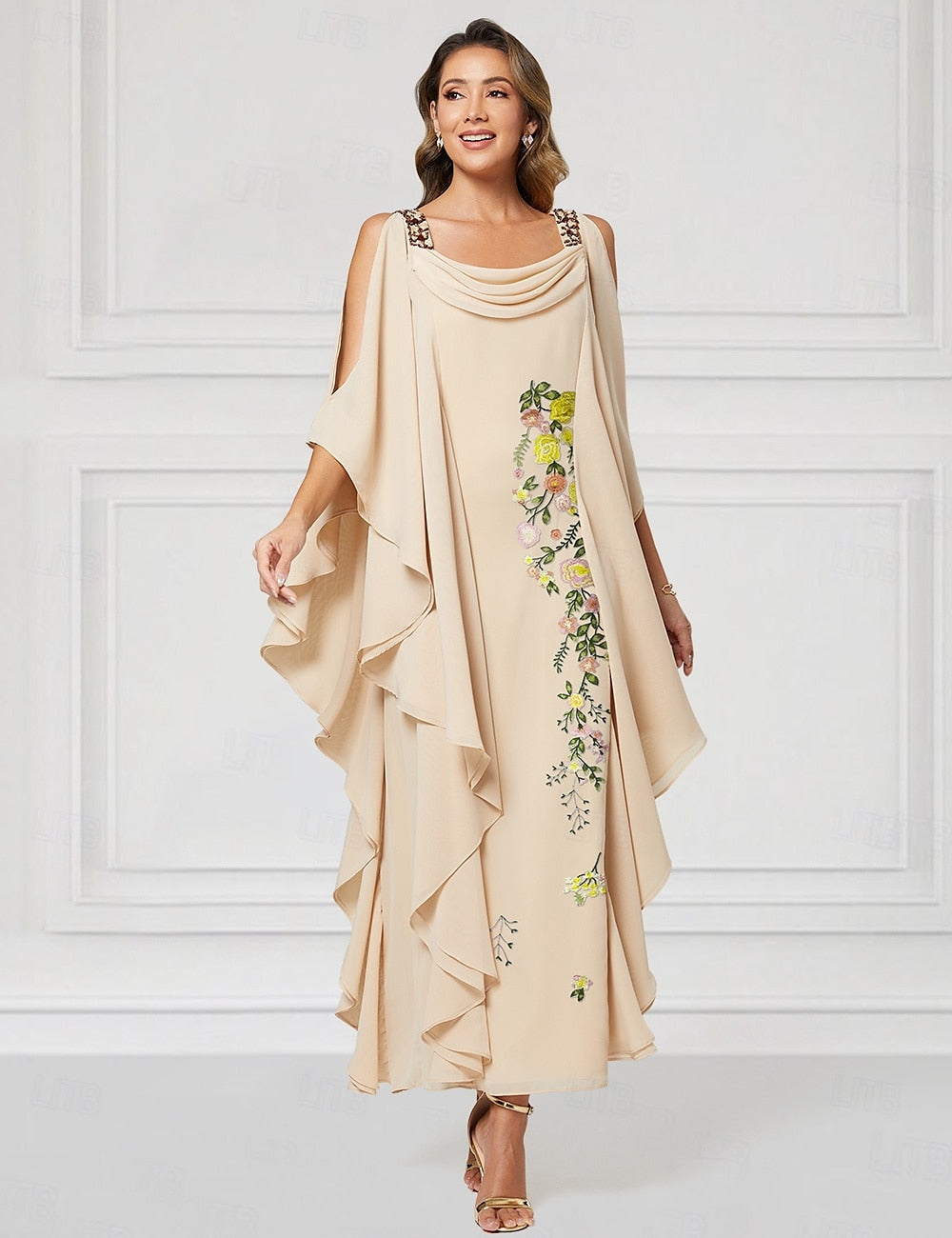 Flowers Floral Print Cape Sleeve Ankle-Length Mother of the Bride Dresses