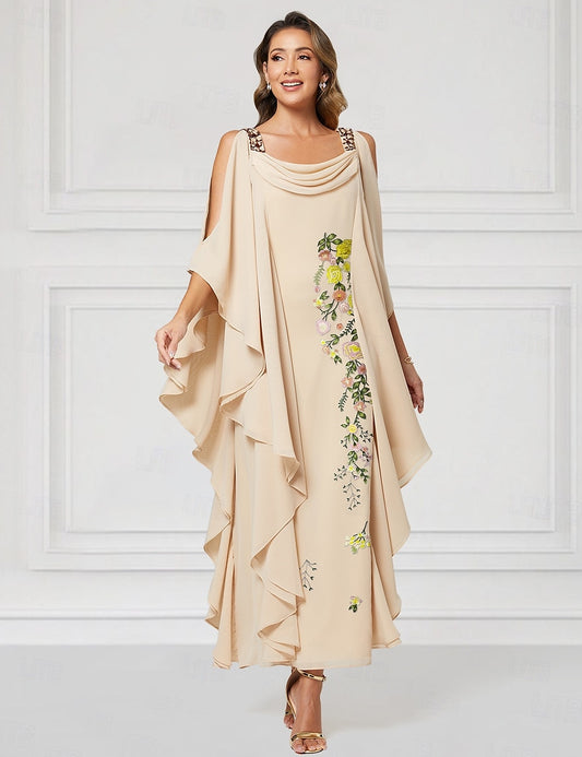 Flowers Floral Print Cape Sleeve Ankle-Length Mother of the Bride Dresses