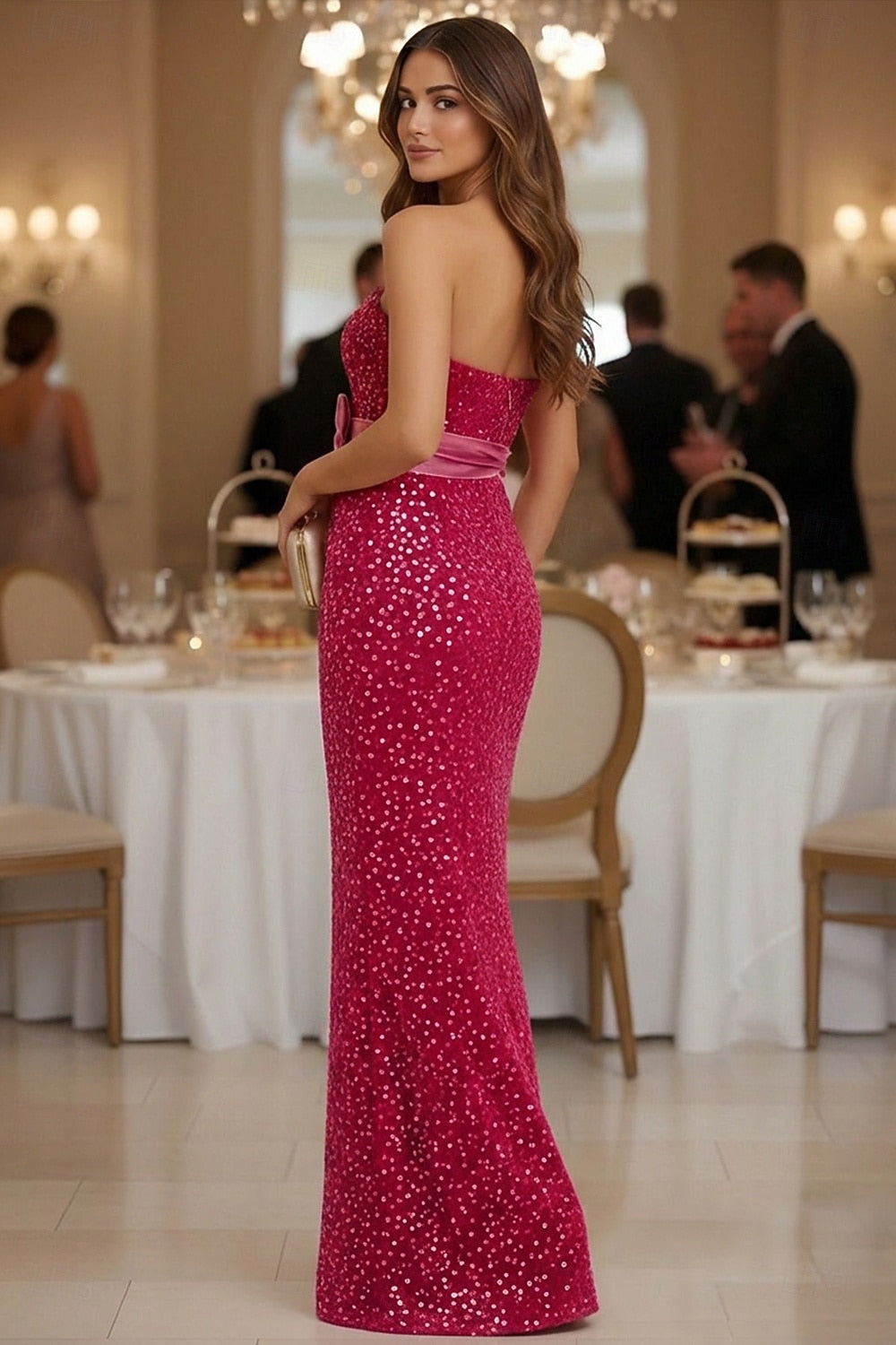 Strapless Sleeveless Sequins Bow Mermaid Evening Dress