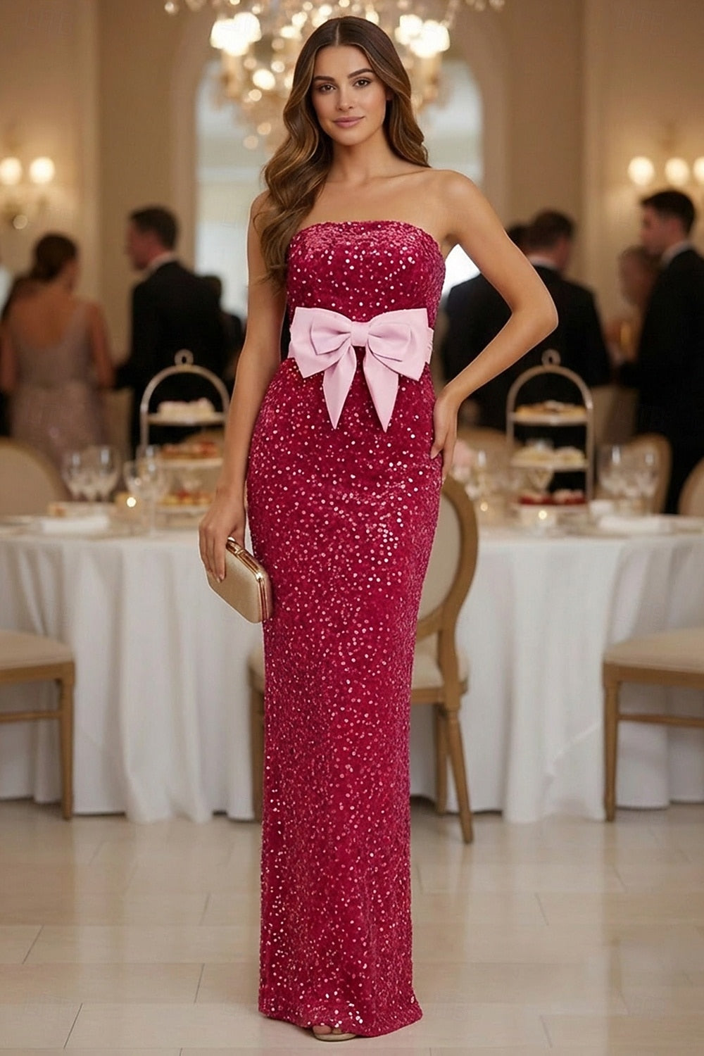Strapless Sleeveless Sequins Bow Mermaid Evening Dress