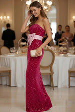 Strapless Sleeveless Sequins Bow Mermaid Evening Dress
