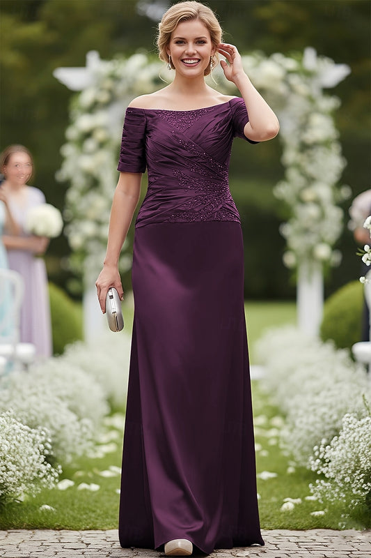 Purple Off the Shoulder Mermaid Half Sleeve Formal Evening Dress