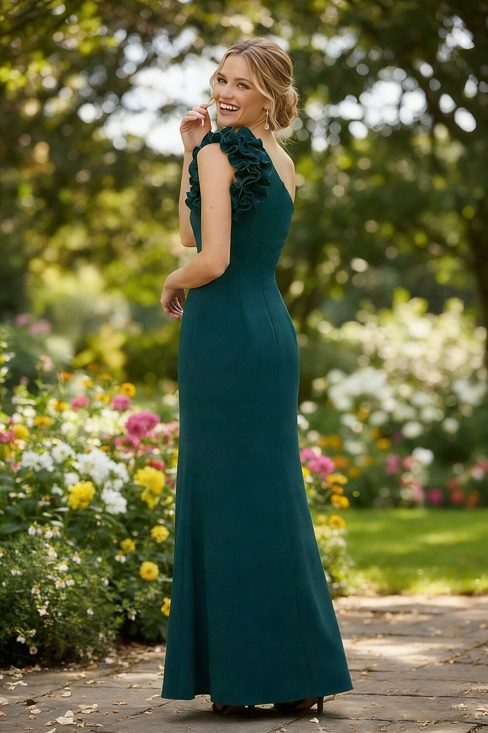 One Shoulder Ruffles Sleeveless Mermaid Evening Dress