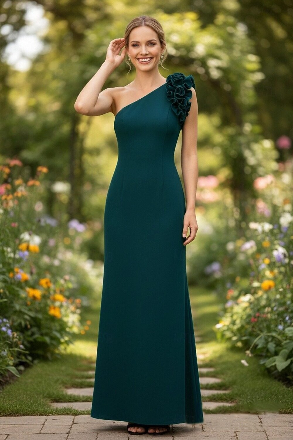 One Shoulder Ruffles Sleeveless Mermaid Evening Dress