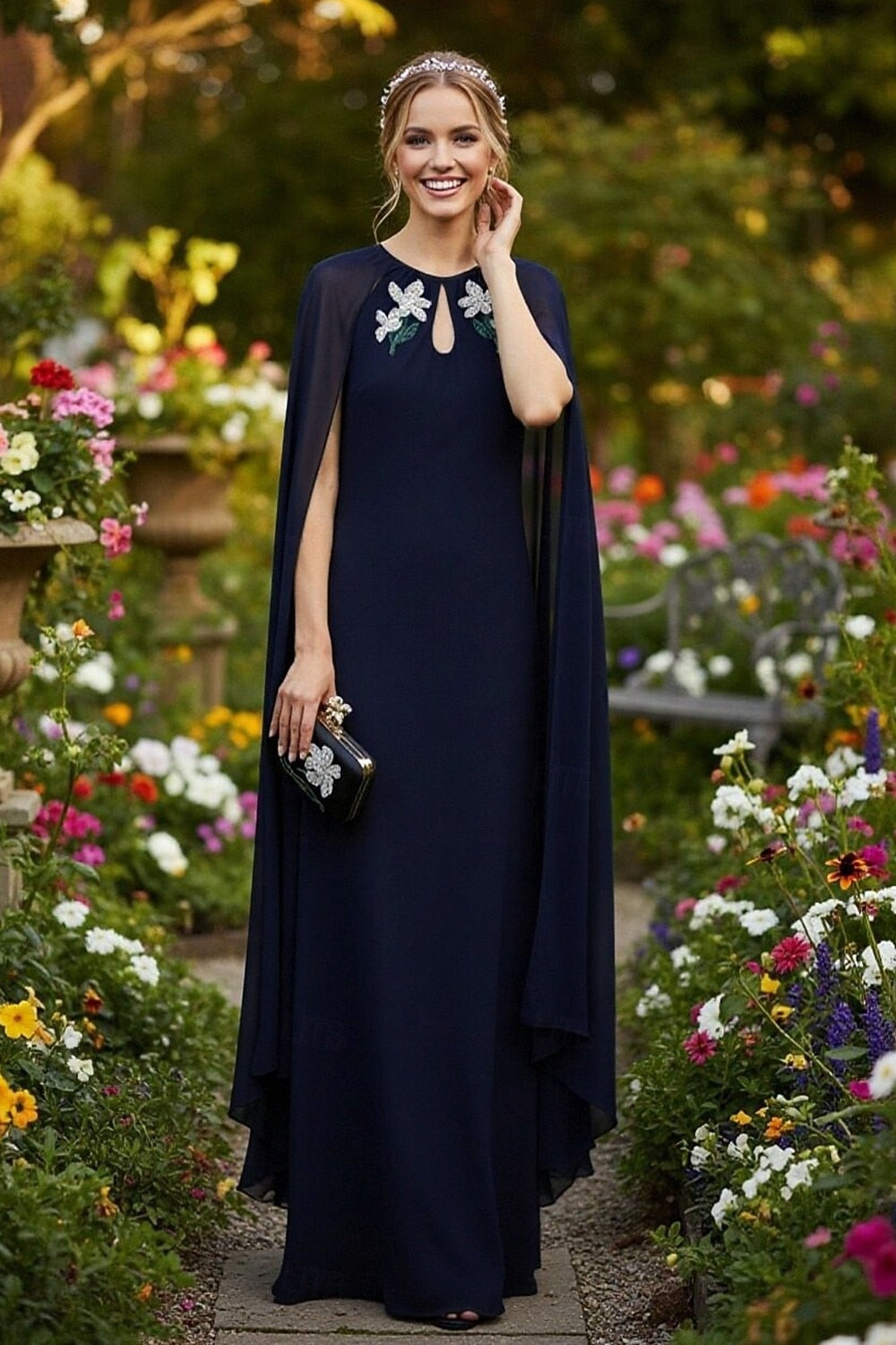 Dark Navy Cape Sleeve Applique Mermaid Formal Evening Dress