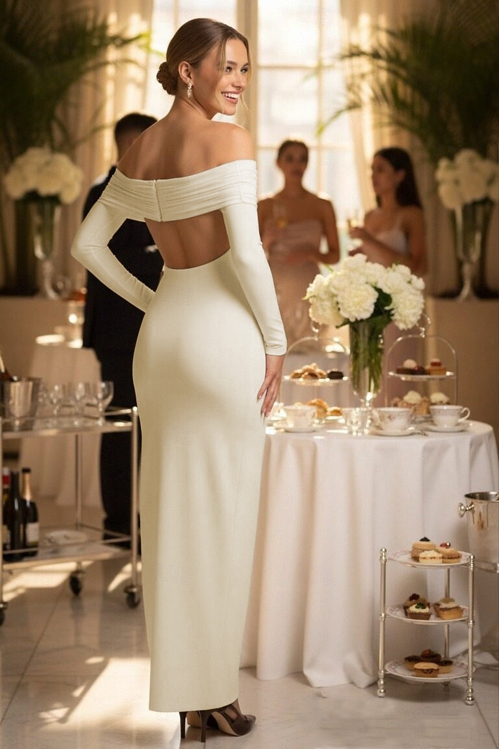 Simple Off the Shoulder Long Sleeve Backless Mermaid Side Slit Evening Dress