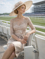 Bow 3/4 Sleeve Applique Mermaid Knee-Length Evening Dress