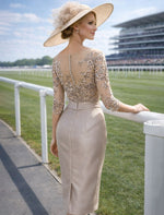 Bow 3/4 Sleeve Applique Mermaid Knee-Length Evening Dress