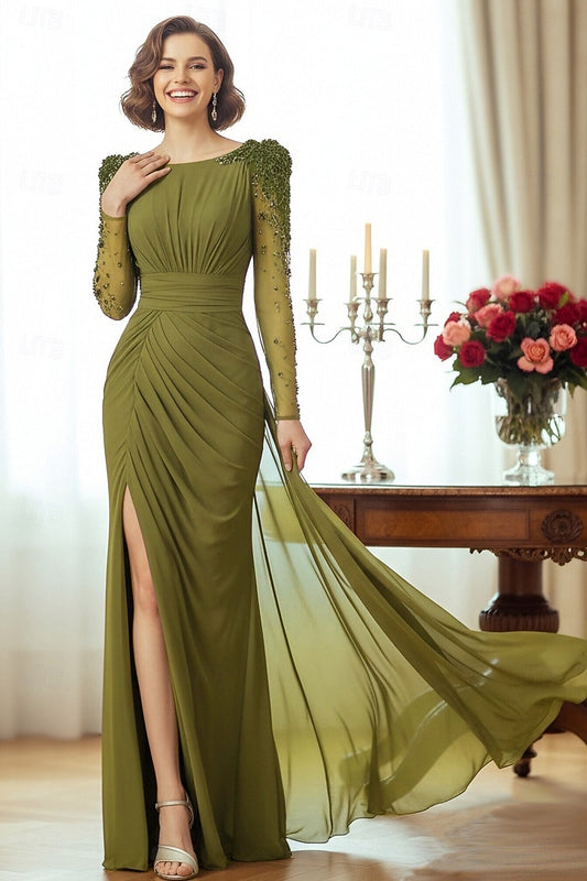 Elegant Long Sleeve Formal Mermaid Beaded Side Slit Evening Dress
