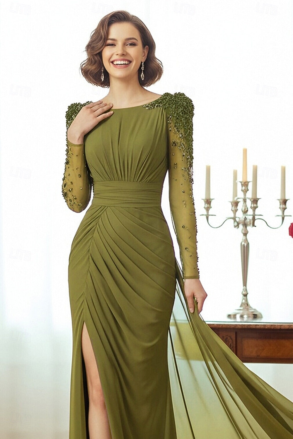 Elegant Long Sleeve Formal Mermaid Beaded Side Slit Evening Dress