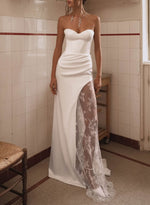 Sweetheart Sleeveless Floor-Length Lace Oft Satin Wedding Dresses With Lace