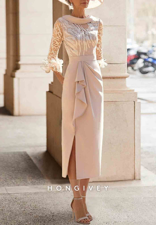 Pleated Feather 3/4 Sleeve Tea-Length Sheath Side Slit Mother of the Bride