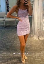 Sheath Spaghetti Straps Purple Short Homecoming Dress with Appliques