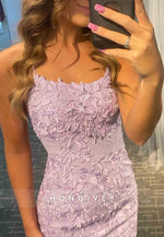 Sheath Spaghetti Straps Purple Short Homecoming Dress with Appliques