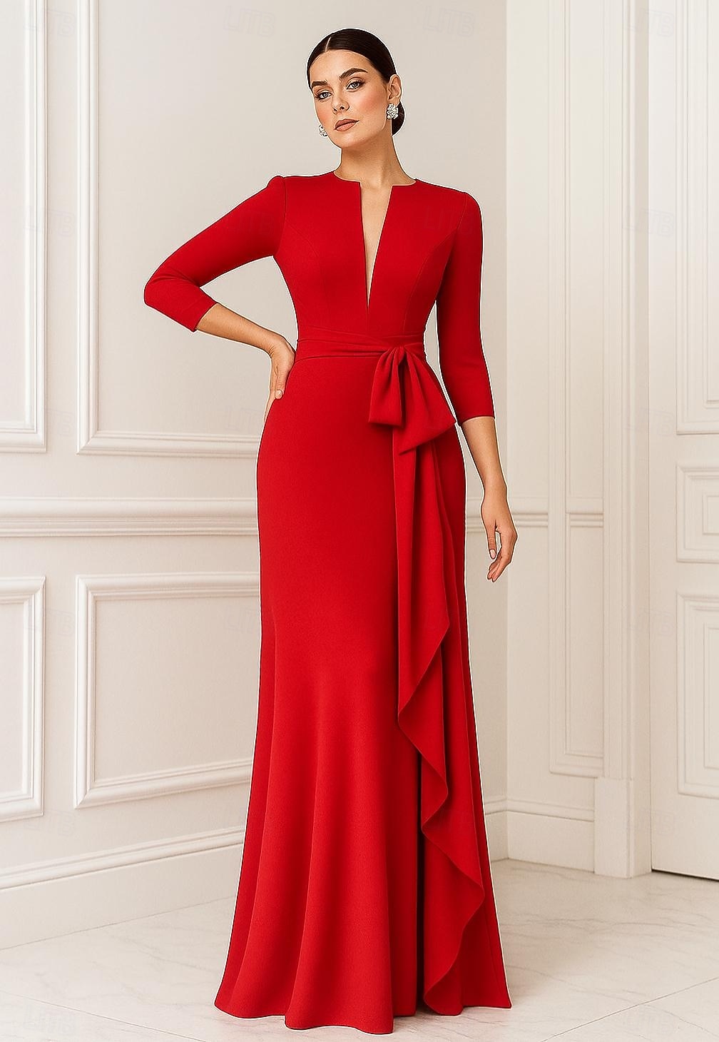 Simple V-Neck 3/4 Sleeve Mermaid Ruched Floor-Length Evening Dress