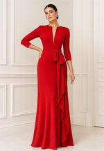 Simple V-Neck 3/4 Sleeve Mermaid Ruched Floor-Length Evening Dress