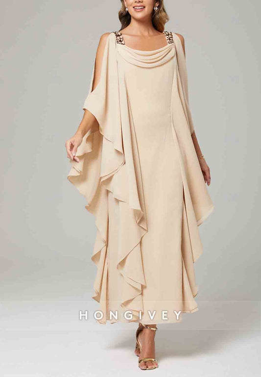 Column Mother of the Bride Dress Wedding Guest Elegant Crew Neck Floor Length Chiffon Beading Cascading Ruffles