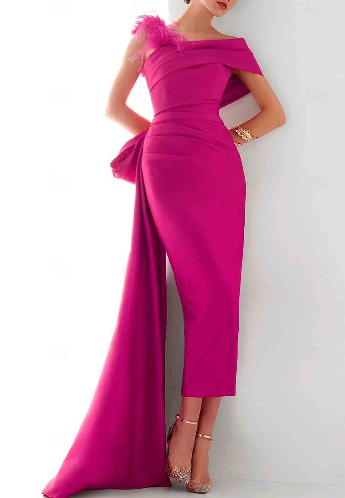 Satin Sheath Side Draping Evening Gown with Feather and Bow(s)