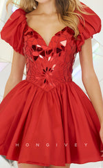 H2186 - Chic Satin A-Line Beaded Appliques V-Neck Party/Homecoming Dress