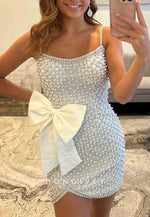 Regular Straps Column Beading Bowknot Sleeveless Mini Homecoming Dresses