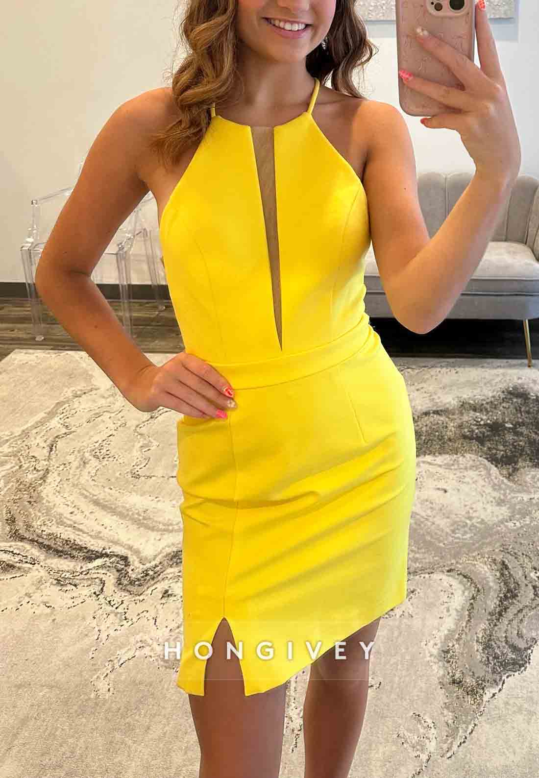 Yellow Halter V-Neck Sheath Side Slit Sleeveless Short Homecoming Dresses