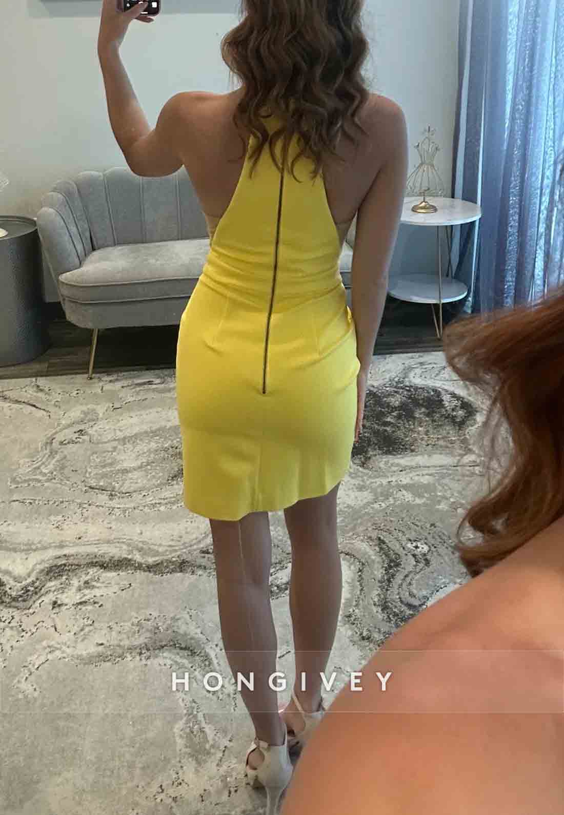 Yellow Halter V-Neck Sheath Side Slit Sleeveless Short Homecoming Dresses