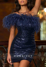 Navy Blue Feather One Shoulder Glitter Short Homecoming Dresses