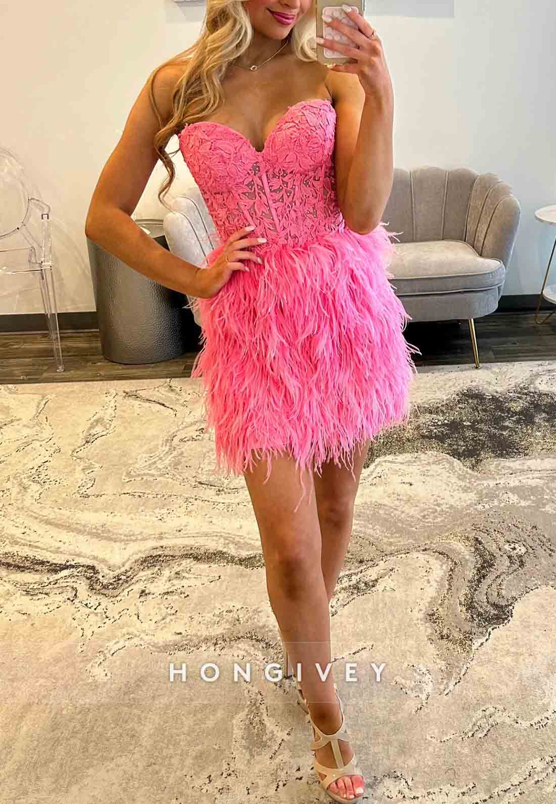 A-Line Strapless Pink Tie Back Short Homecoming Dress with Feather