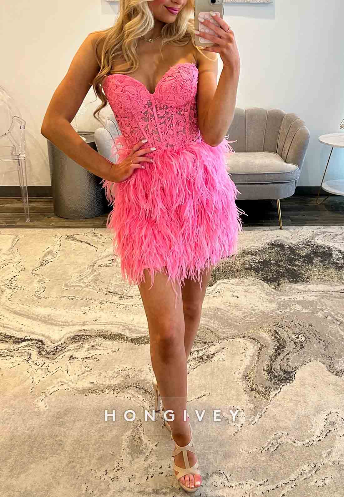 A-Line Strapless Pink Tie Back Short Homecoming Dress with Feather