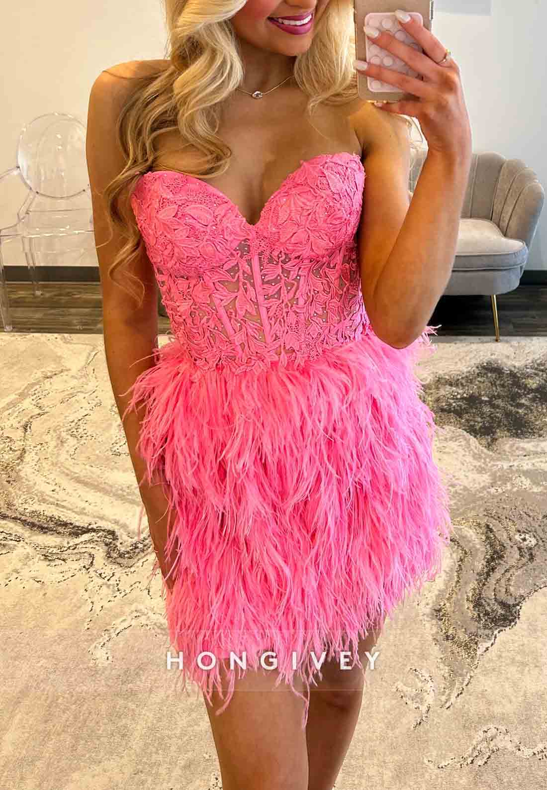 A-Line Strapless Pink Tie Back Short Homecoming Dress with Feather