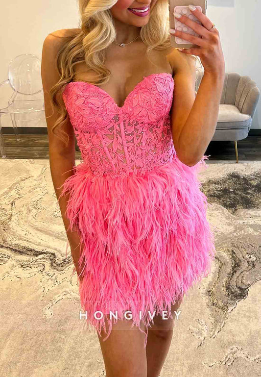 A-Line Strapless Pink Tie Back Short Homecoming Dress with Feather