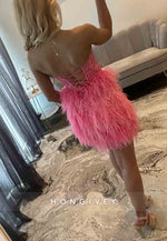 A-Line Strapless Pink Tie Back Short Homecoming Dress with Feather