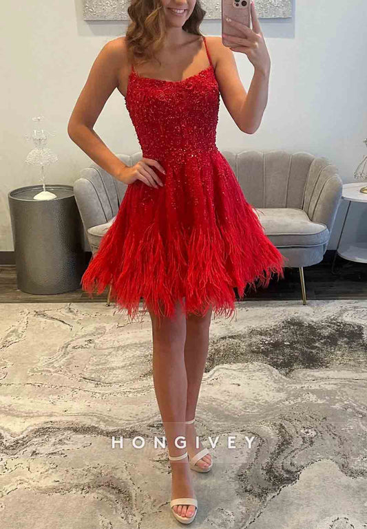 Red Spaghetti Straps Tie Back Beading A-Line Short Homecoming Dress with Feather