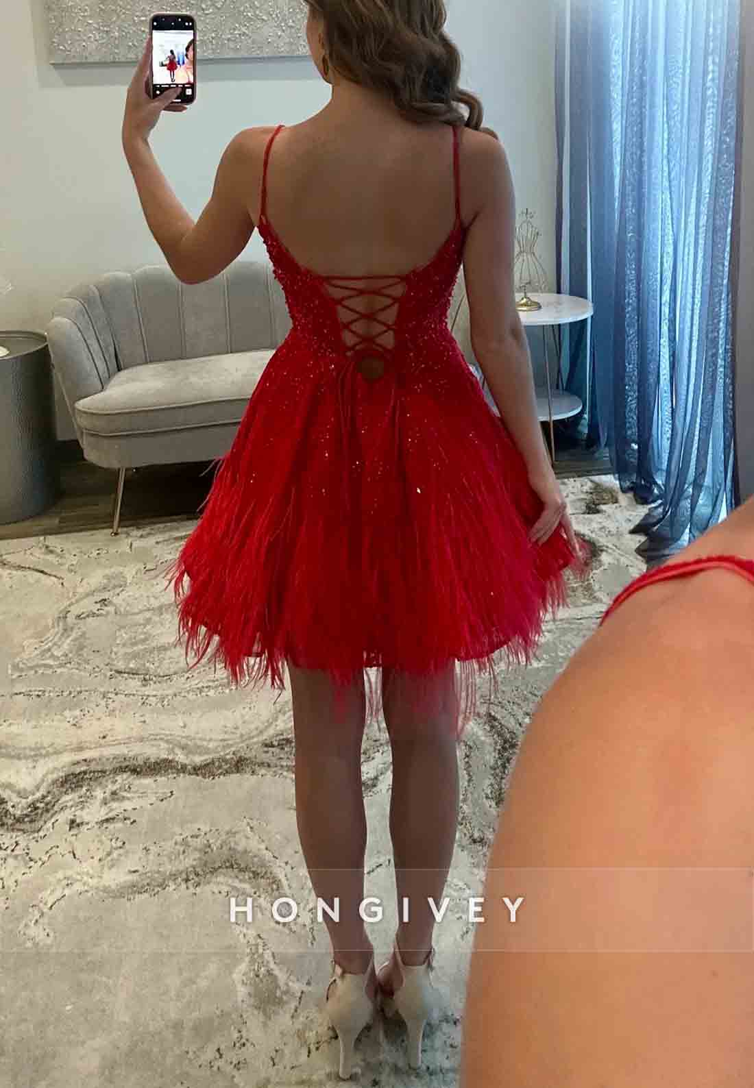 Red Spaghetti Straps Tie Back Beading A-Line Short Homecoming Dress with Feather