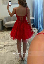 Red Spaghetti Straps Tie Back Beading A-Line Short Homecoming Dress with Feather
