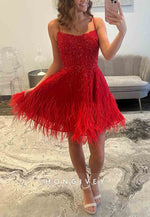 Red Spaghetti Straps Tie Back Beading A-Line Short Homecoming Dress with Feather