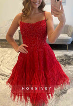 Red Spaghetti Straps Tie Back Beading A-Line Short Homecoming Dress with Feather