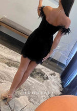 Black Feather Off the Shoulder Lace Pleated Sheath Mini Homecoming Dresses