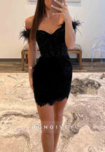 Black Feather Off the Shoulder Lace Pleated Sheath Mini Homecoming Dresses