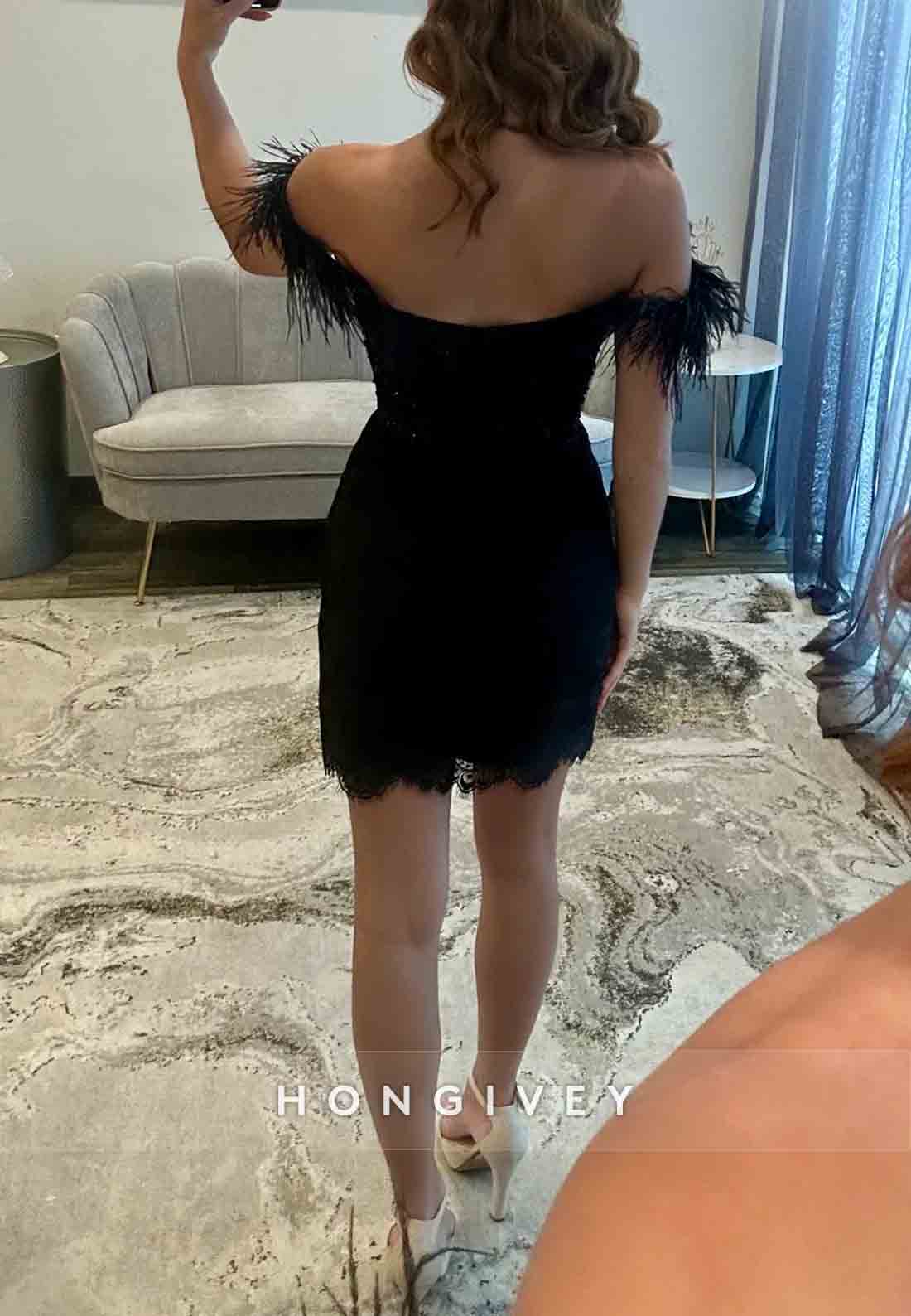 Black Feather Off the Shoulder Lace Pleated Sheath Mini Homecoming Dresses