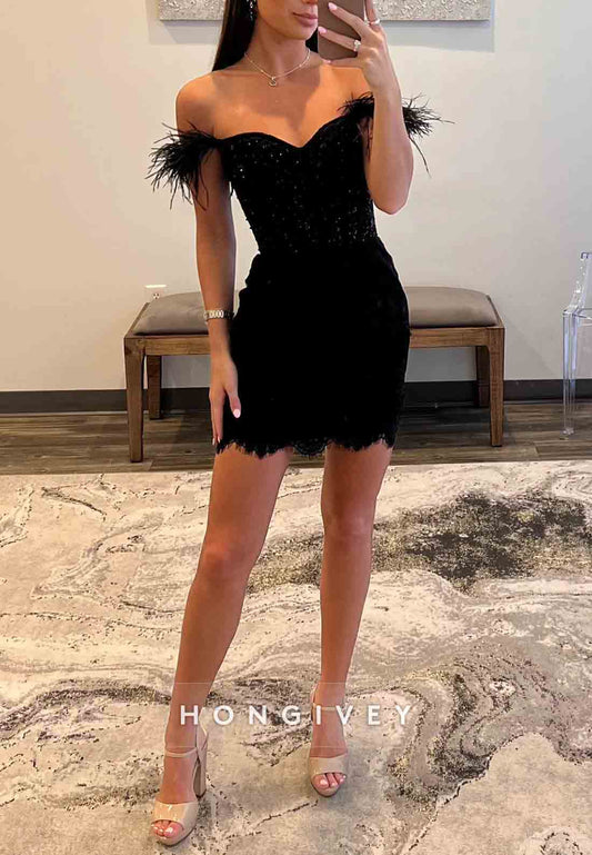 Black Feather Off the Shoulder Lace Pleated Sheath Mini Homecoming Dresses