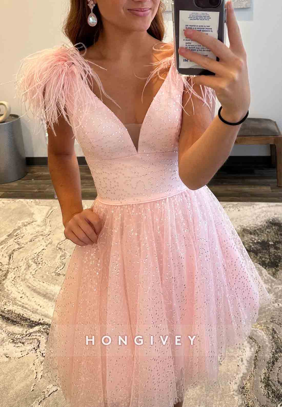 Low V-Neck A-Line Light Pink Sequined Short Homecoming Dresses with Feather