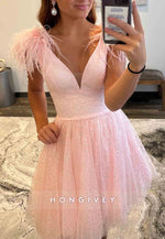 Low V-Neck A-Line Light Pink Sequined Short Homecoming Dresses with Feather
