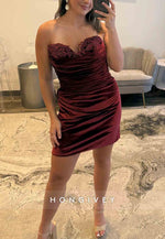 Burgundy Velvet Sweetheart Ruched Sheath Mini Homecoming Dress with Appliques