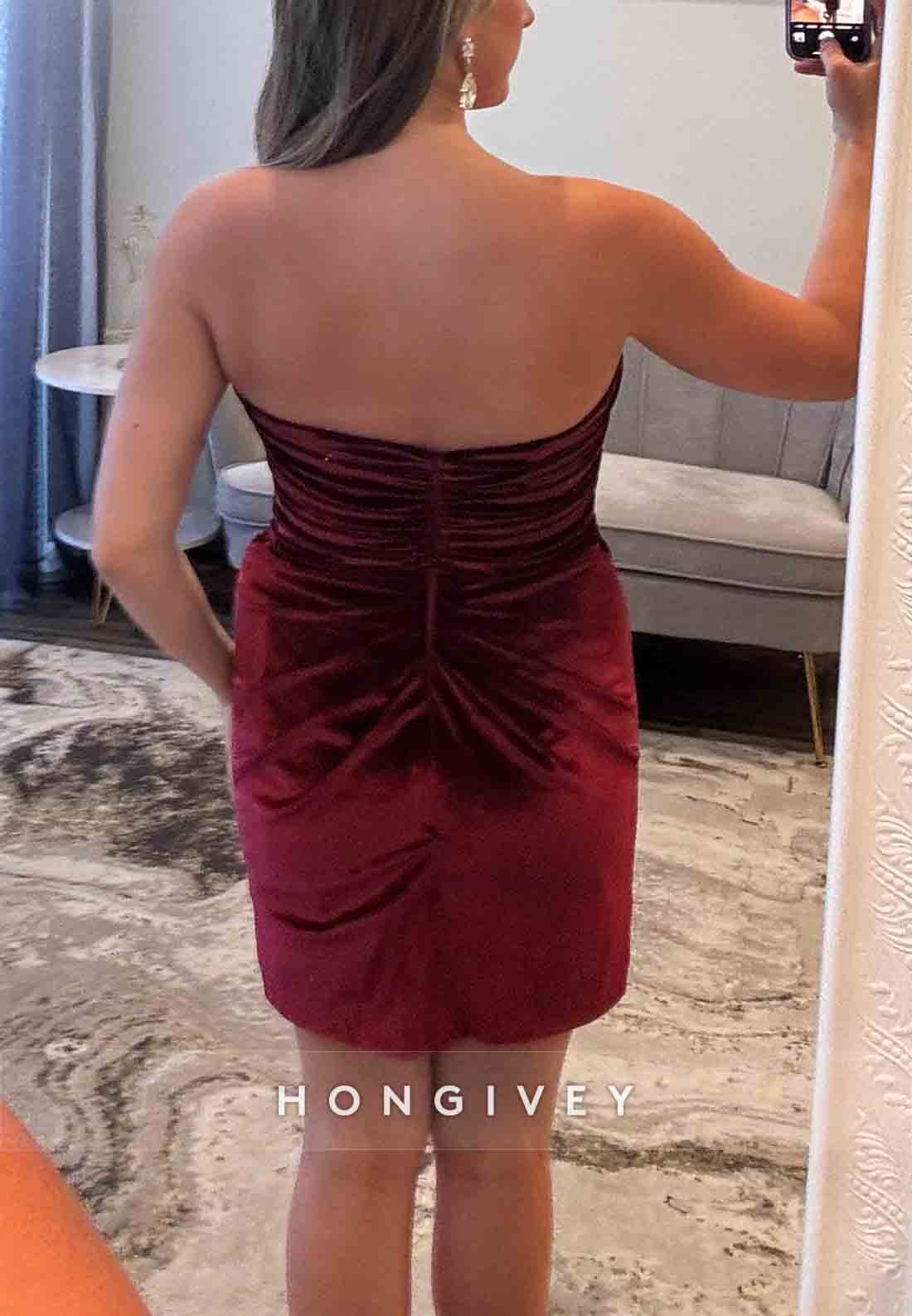 Burgundy Velvet Sweetheart Ruched Sheath Mini Homecoming Dress with Appliques