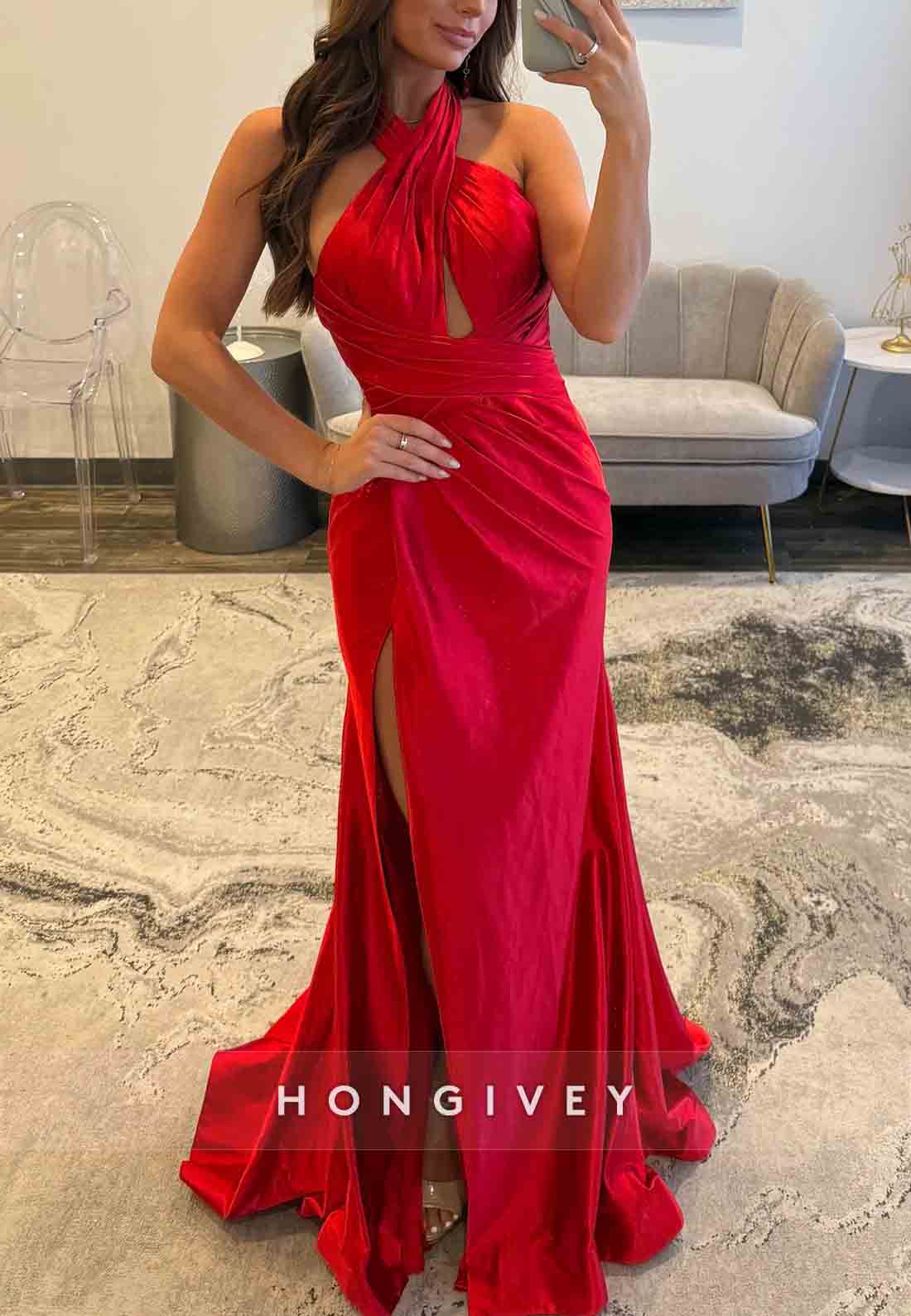 Red Halter Floor-Length Satin High Slit Open Back Pleated Prom Dresses