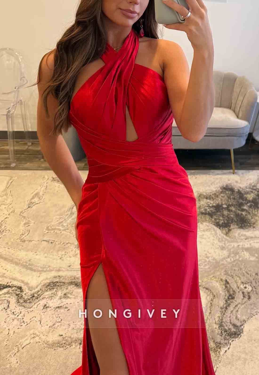 Red Halter Floor-Length Satin High Slit Open Back Pleated Prom Dresses