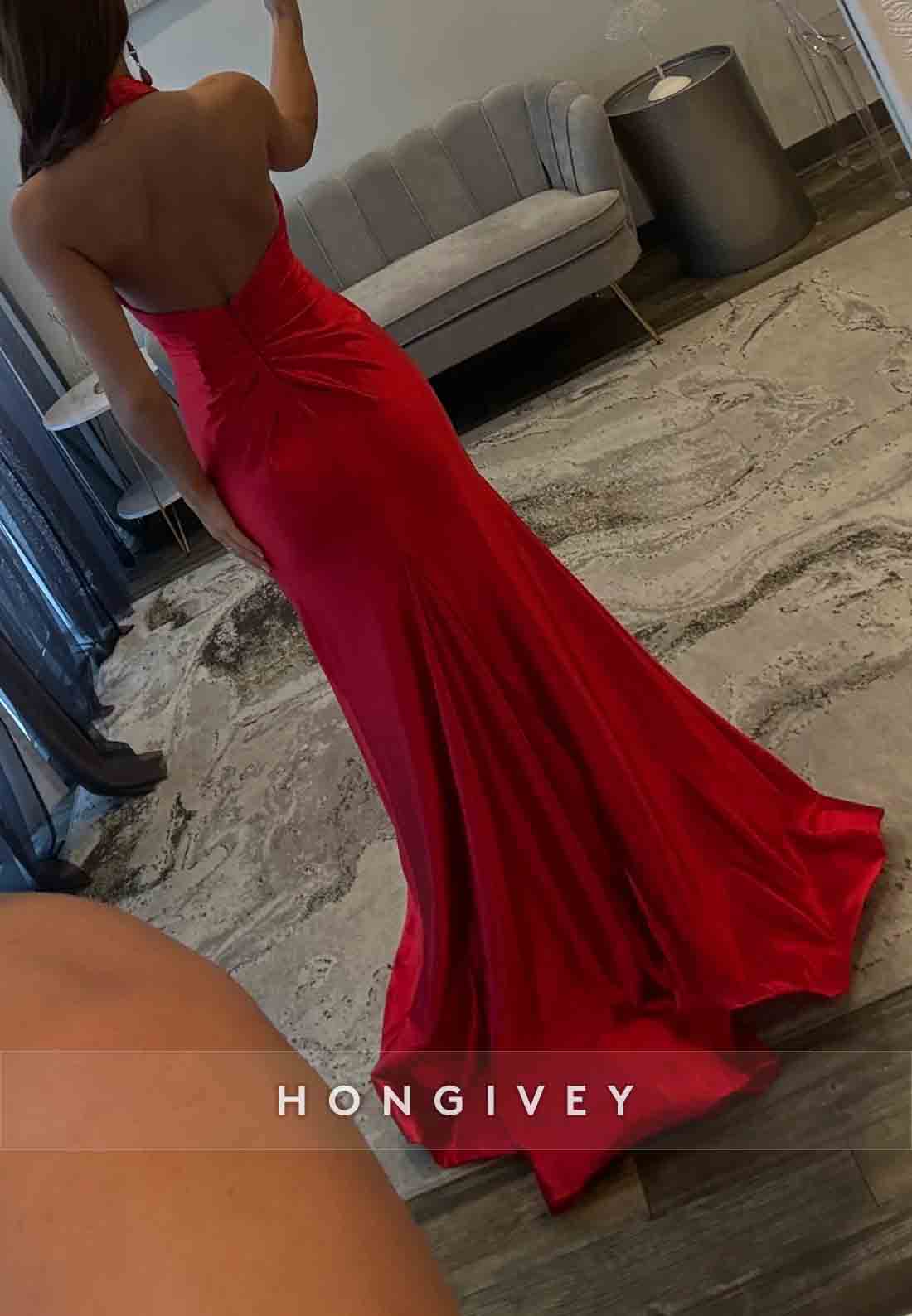 Red Halter Floor-Length Satin High Slit Open Back Pleated Prom Dresses